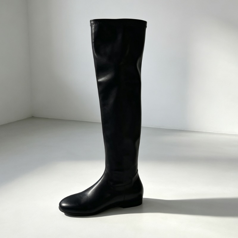 Boot Sock Slouchy - รองเท้าบูทหนังเทียมสีน้ำตาลแบบยืดหยุ่น ทรงหลวม ยาวถึงต้นขา ส้นแบน หัวเหลี่ยม แบบถุงเท้า