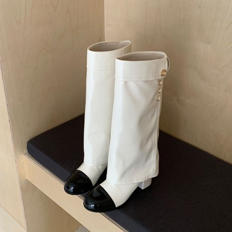 No Show Sock Women - รองเท้าบูทสูงระดับเข่าแบบพับได้สำหรับผู้หญิง สีดำขาว ดีไซน์หรูหรา พร้อมกระดุมสีทอง หัวรองเท้าทรงกลม ส้นทรงบล็อก