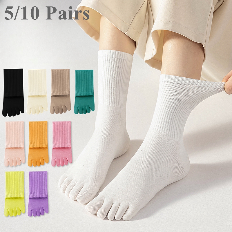 Grip Sock Yoga - 5 หรือ 10 คู่ผู้หญิงกีฬาถุงเท้านิ้วเท้าแยกนิ้วมือสูงห้านิ้วผ้าฝ้ายถุงเท้าลูกเรือโยคะคุณภาพสูง