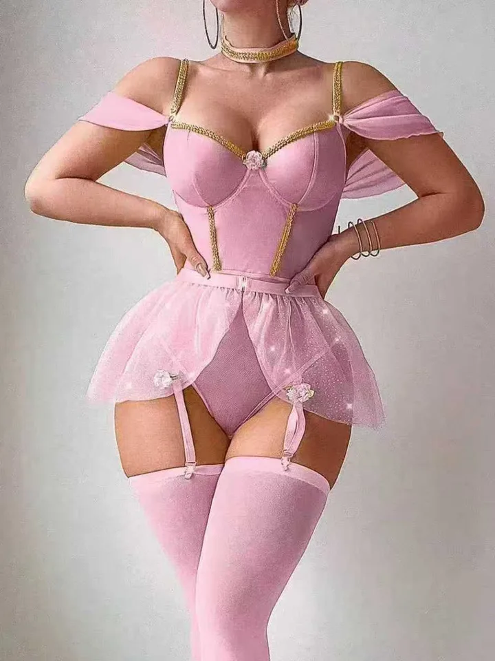 Fishnet Stocking Women - ชุดบอดี้สูทวันพีซเซ็กซี่เงางามพร้อมดีไซน์พอง ​ ​ กระโปรงซับในและถุงน่องตาข่ายเซ็กซี่ สีพื้นโปร่งใส บอดี้สูทตาข่ายบาง